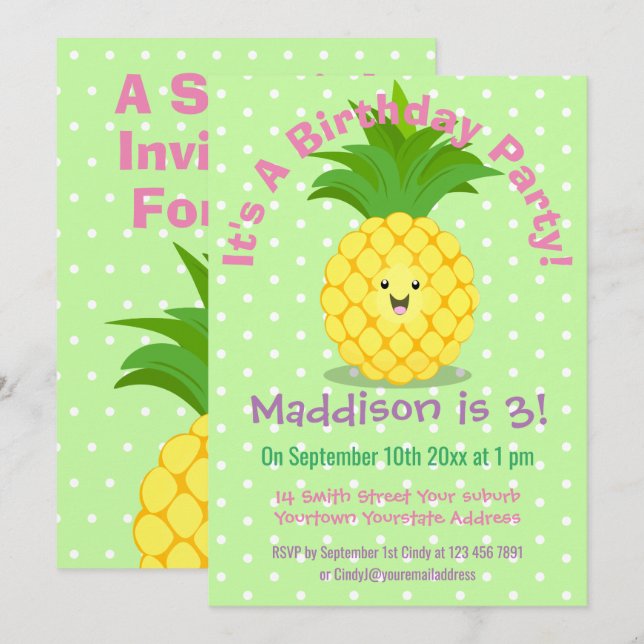 Invitación Ilustracion de personalizado de piña cuta (Anverso / Reverso)