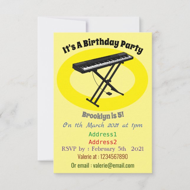 Invitación Ilustracion de piano personalizado de teclado (Anverso)