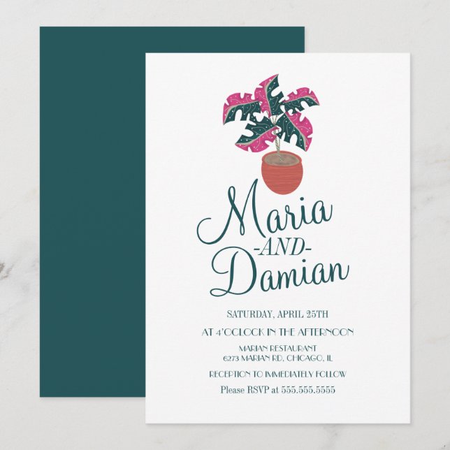Invitación Ilustración de planta Monstera rosa para boda (Anverso / Reverso)