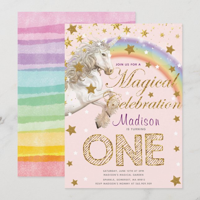 Invitación Ilustracion de primer cumpleaños mágico de unicorn (Anverso / Reverso)