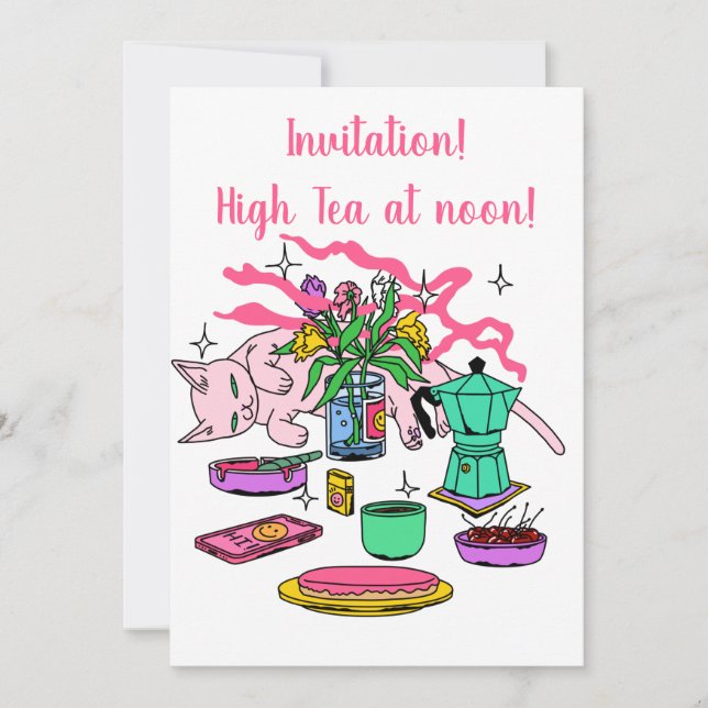 Invitación Ilustracion del té de gatos Kitty a mediodía (Anverso)
