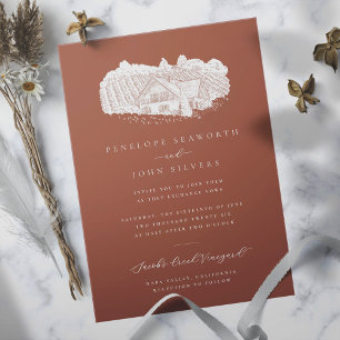 Invitación Ilustración Elegante de Viñedo Naranja Quemado par