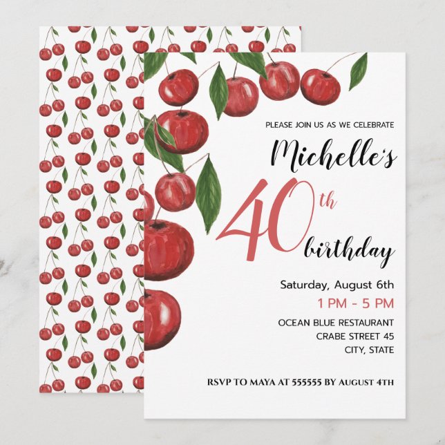 Invitación Ilustración en Acuarela de Cerezas Dulces Cumpleañ (Anverso / Reverso)