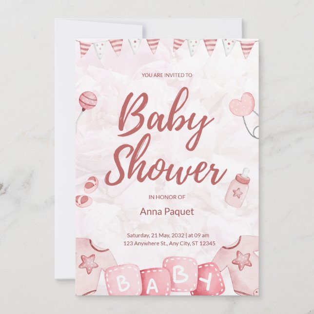 Invitación Ilustración en Acuarela Rosa Claro Infantil Modern (Anverso)