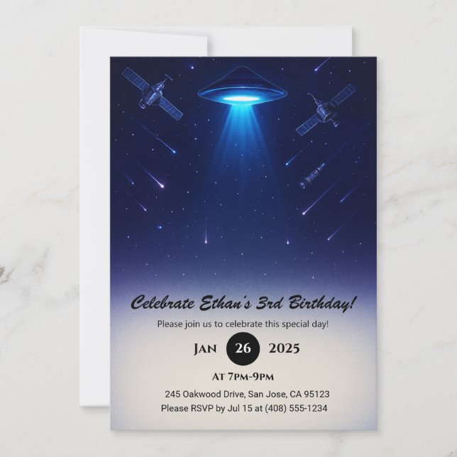 Invitación Ilustracion espacial UFO Spotlight Meteor Cumpleañ (Anverso)