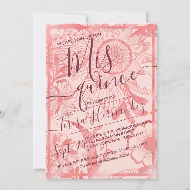Invitación Ilustracion floral rosa acuarela Quinceañera (Anverso)