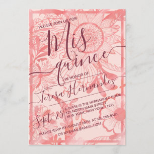 Invitación Ilustracion floral rosa acuarela Quinceañera