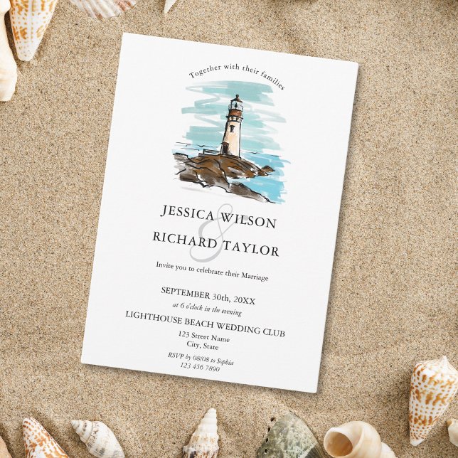 Invitación Ilustracion Hand Drawn Lighthouse Beach Venue (whimsical hand drawn lighthouse wedding invitation)