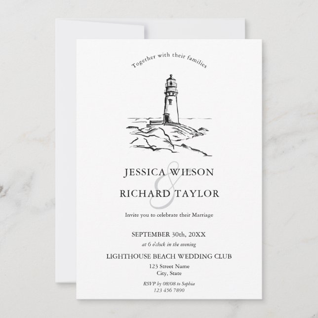 Invitación Ilustracion Hand Drawn Lighthouse Beach Venue (Anverso)