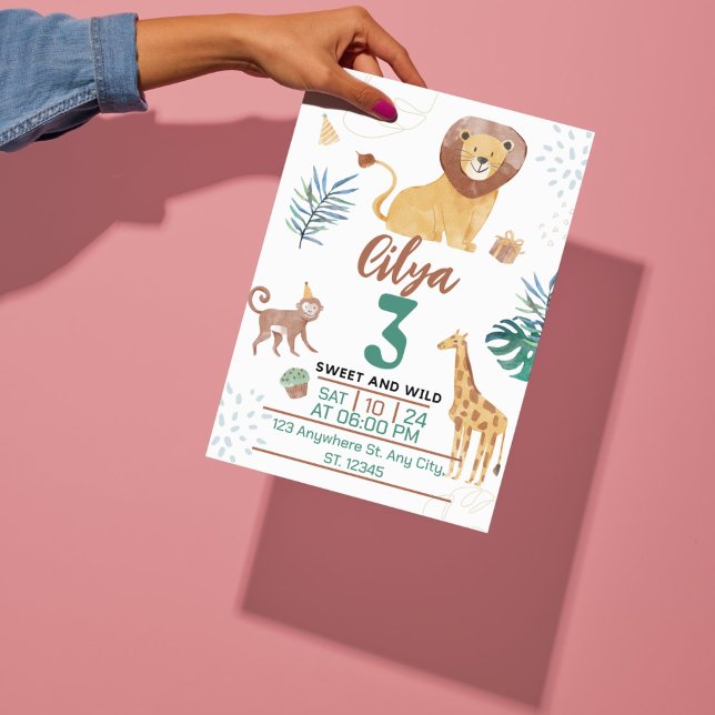 Invitación Ilustración Infantil de Acuarela Verde Tema Savana (Green Watercolor Kids Illustration Savana Theme Invitation)