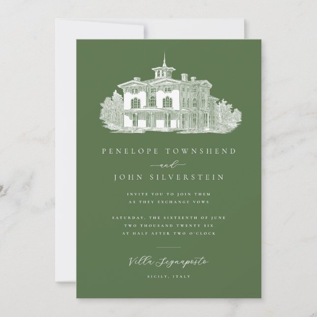 Invitación Ilustracion italiano Boda verde oliva (Anverso)