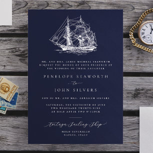 Invitación Ilustración náutica de barco boda formal de la mar
