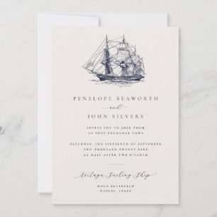 Invitación Ilustración Náutica Elegante de Barco de Boda Marf