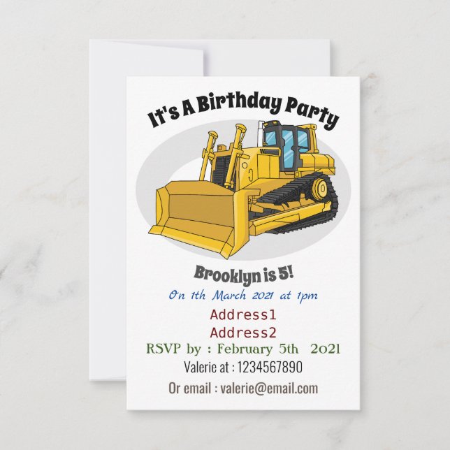 Invitación Ilustracion personalizado Bulldozer (Anverso)