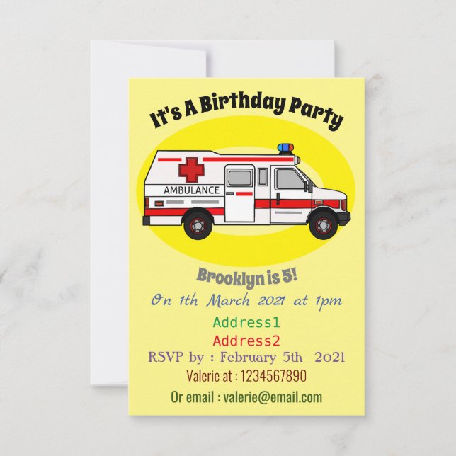 Invitación Ilustracion personalizado de ambulancia (Anverso)