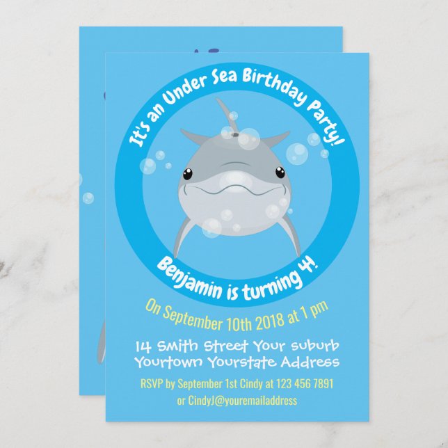 Invitación Ilustracion personalizado de burbujas de delfines  (Anverso / Reverso)