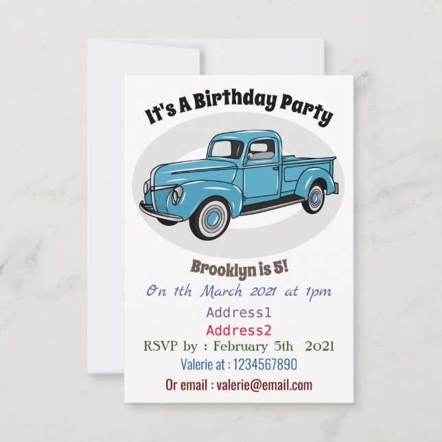 Invitación Ilustracion personalizado de camioneta clásica (Anverso)