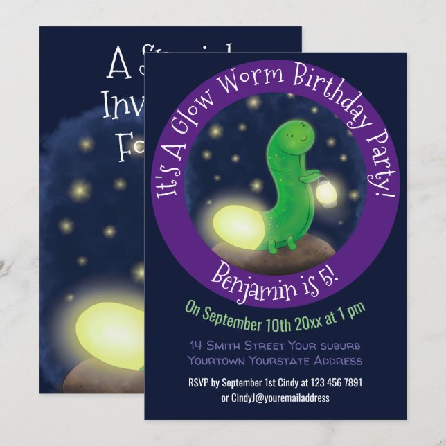 Invitación Ilustracion personalizado de gusano de brillo verd (Anverso / Reverso)