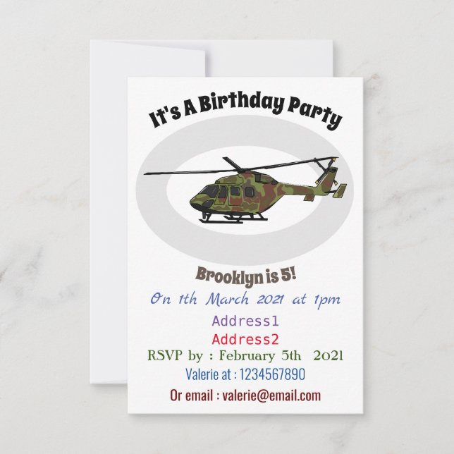 Invitación Ilustracion personalizado de helicópteros del ejér (Anverso)
