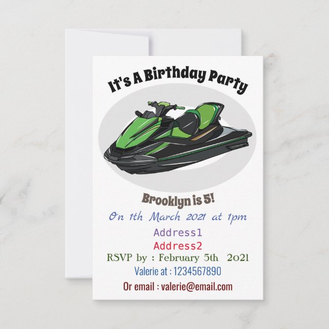 Invitación Ilustracion personalizado de moto acuática (Anverso)