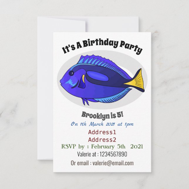 Invitación Ilustracion personalizado de pescado tang azul (Anverso)