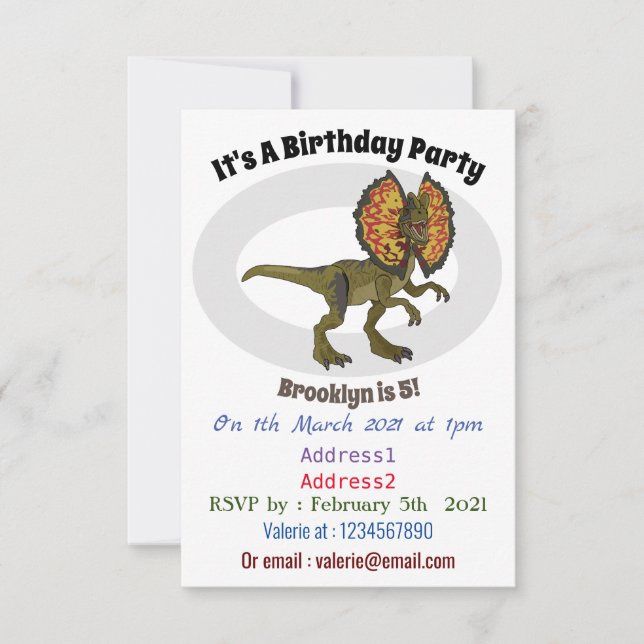 Invitación Ilustracion personalizado Dilophosaurus (Anverso)