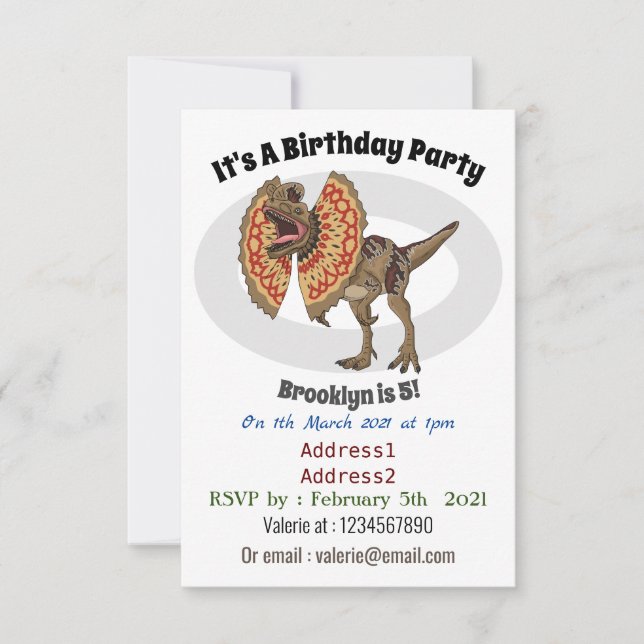 Invitación Ilustracion personalizado Dilophosaurus (Anverso)