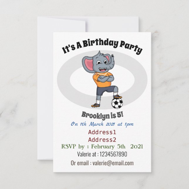 Invitación Ilustracion personalizado futbolista elefante (Anverso)