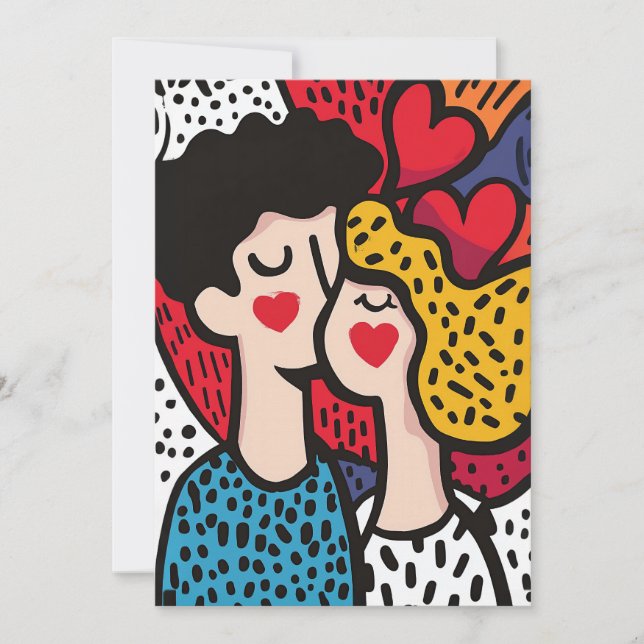 Invitación Ilustracion romántico de arte pop de una pareja am (Anverso)