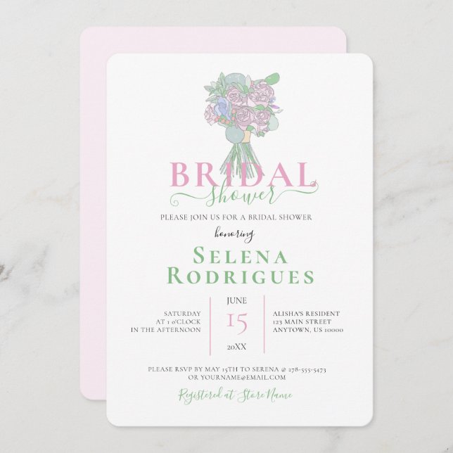 Invitación Ilustracion rosa y verde Bouquet - ducha de novia (Anverso / Reverso)
