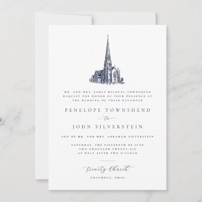 Invitación Ilustración tradicional de iglesia Boda formal (Anverso)
