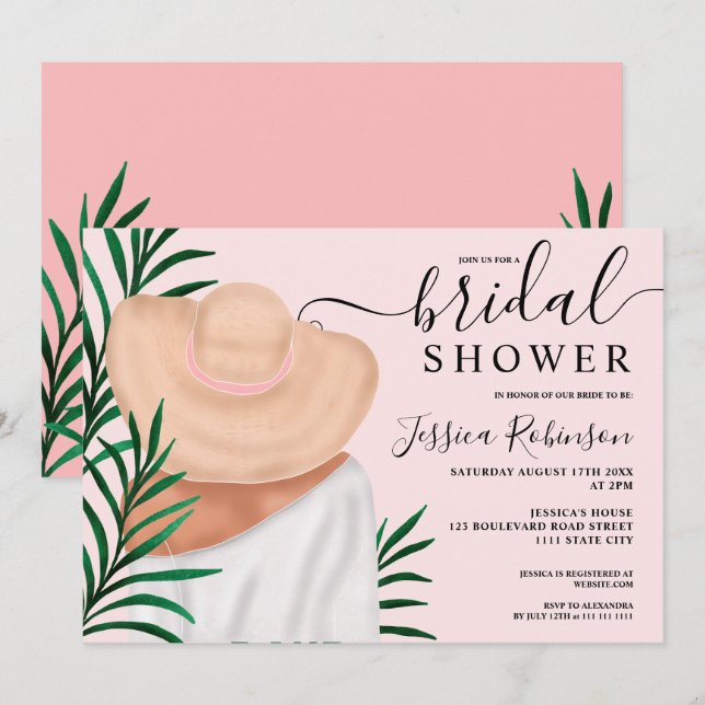 Invitación Ilustracion tropical rosa moderno ducha de novia (Anverso / Reverso)