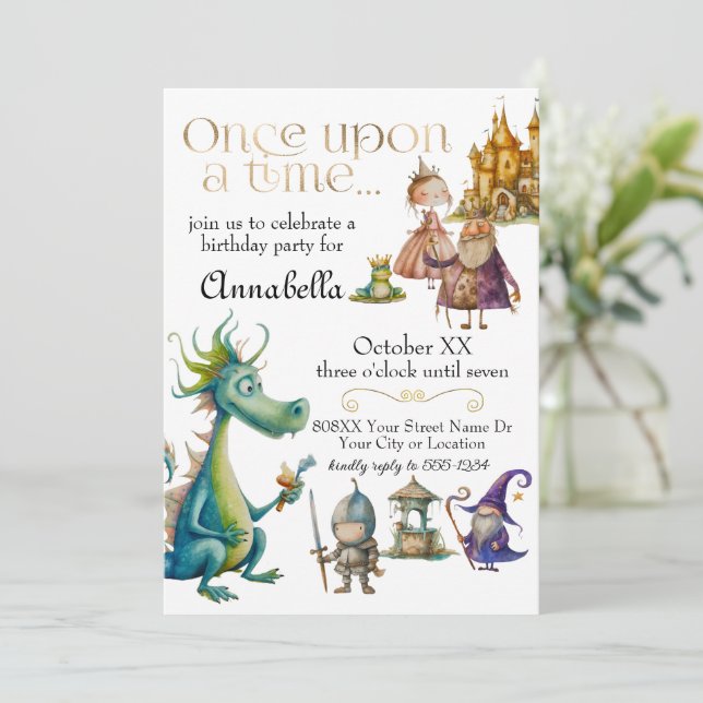 Invitación Ilustraciones Clásicas de Cuentos de Hadas para Ni (Anverso de pie)