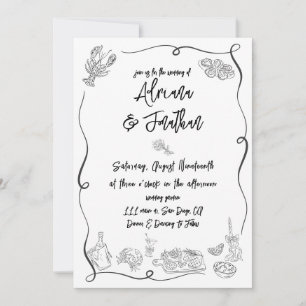 Invitación Ilustraciones de boda dibujadas a mano en blanco y
