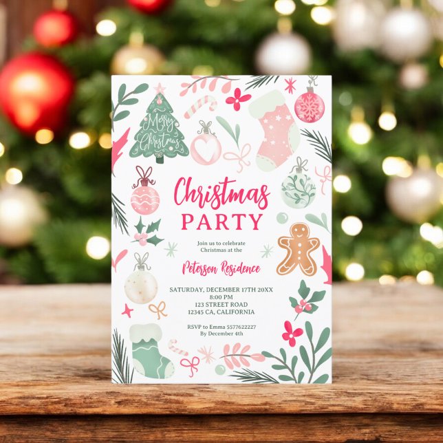 Invitación Ilustraciones de fiesta de Navidades rosados extra (Cute Whimsical Pink Christmas party illustrations Invitation)