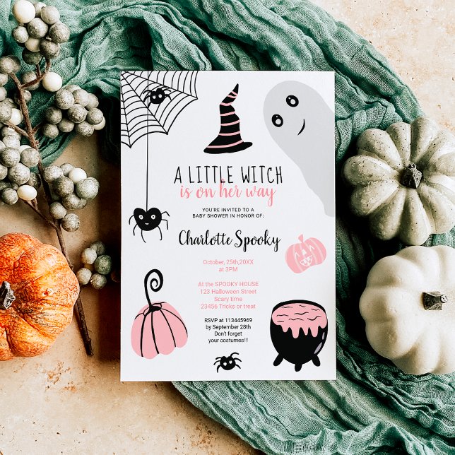 Invitación Ilustraciones de Halloween rosa lindo chica ducha  (Cute pink Halloween illustrations girl baby shower Invitation)