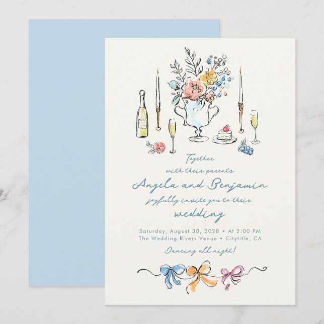 Invitación Ilustraciones Dibujadas a Mano Boda Francesa Capri (Anverso / Reverso)