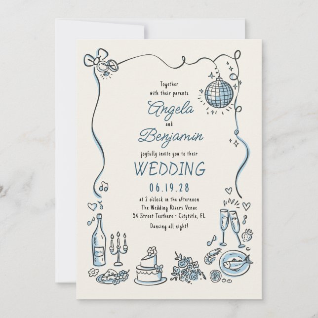 Invitación Ilustraciones dibujados a mano Boda retro capricho (Anverso)