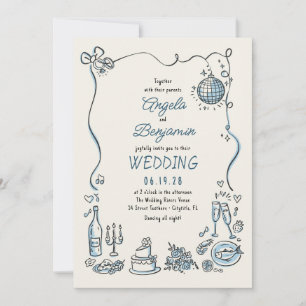 Invitación Ilustraciones dibujados a mano Boda retro capricho