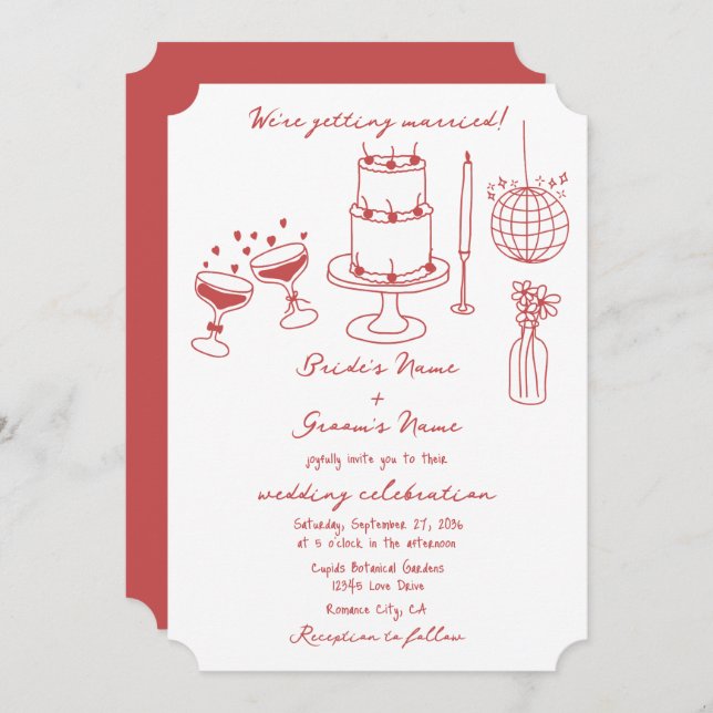 Invitación Ilustraciones dibujados a mano Doodles Boda marrón (Anverso / Reverso)