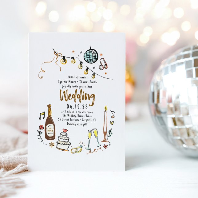 Invitación Ilustraciones dibujados a mano Doodles Funky Boda (Whimsical Funky Hand Drawn Illustrated Disco Wedding Invitation)