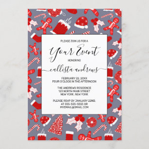 Invitación Ilustraciones Navideñas Lindas Rojo Patrón Festivo