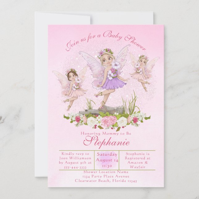 Invitación Ilustraciones rosados Baby Shower de hadas (Anverso)