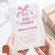 Invitación ilustrada de niña con lazo rosa para ba