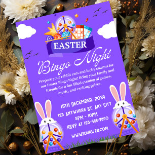 Invitación ilustrada morada para noche de bingo de