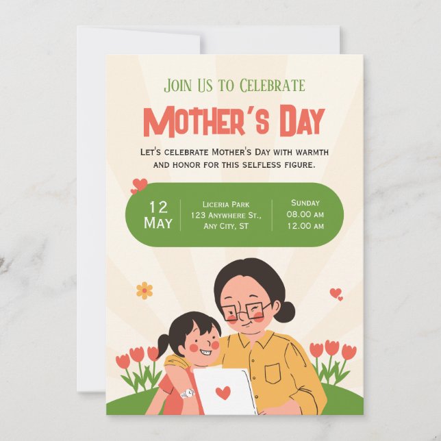 Invitación ilustrada verde y roja para el Día de l (Anverso)