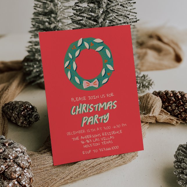 Invitación Ilustrados Navidades verdes rojos Bow Wreath Fiest (Subido por el creador)
