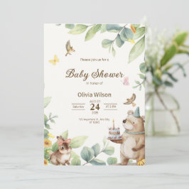Invitación Ilustrar Baby Shower de aves verdes y blancas
