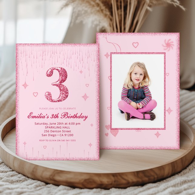 Invitación Imagen de cumpleaños con brillo rosa 3er cumpleaño (Subido por el creador)