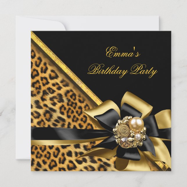 Invitación Imagen de cumpleaños con leopardo negro dorado (Anverso)